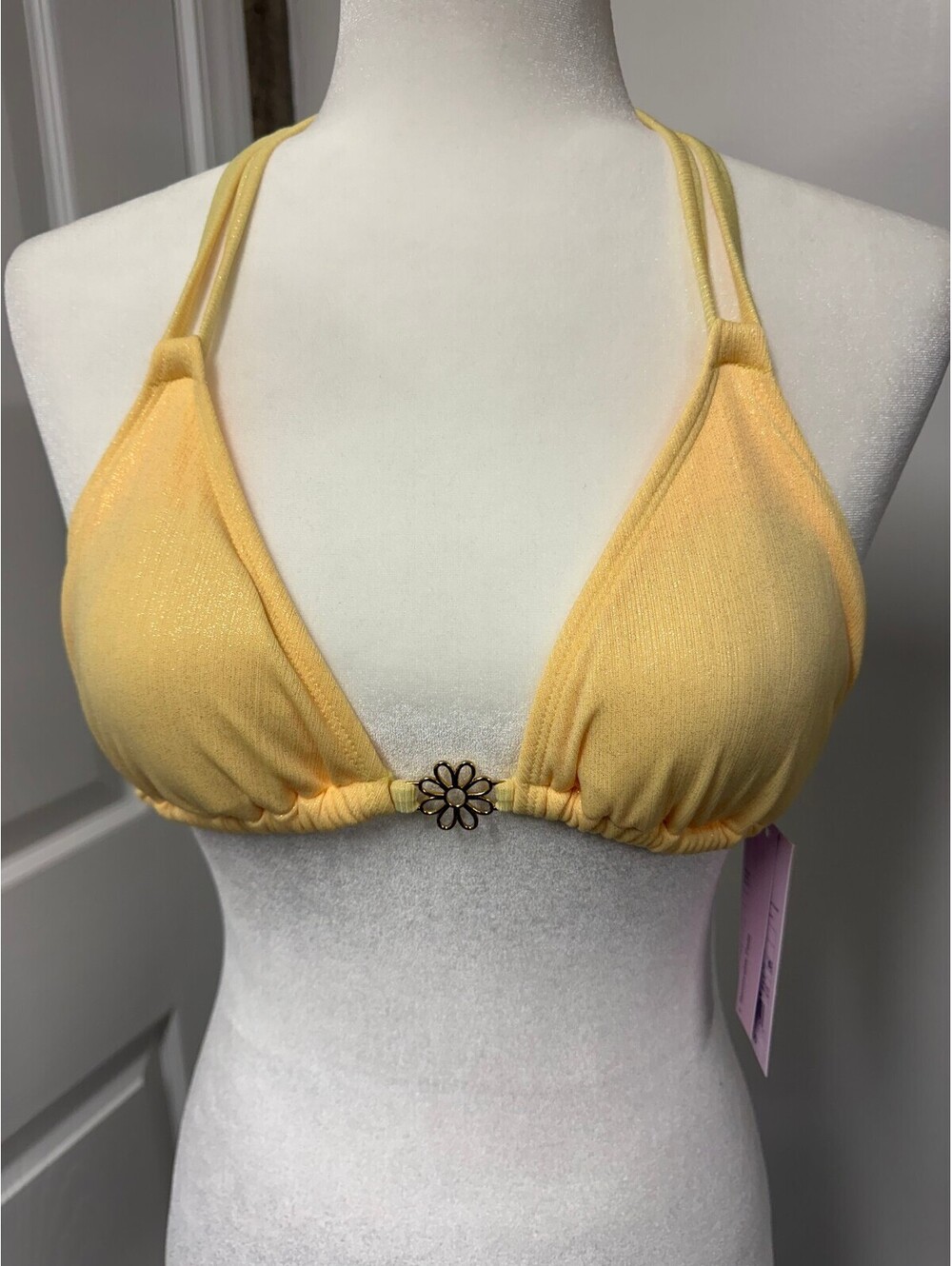 Wild Fable Yellow Shimmer Triangle Bikini Top with Floral Accent XXS (00)